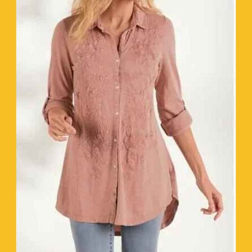 Soft Surroundings Embroidered Pink Cotton Knit Button Front Shirt Blouse, Large